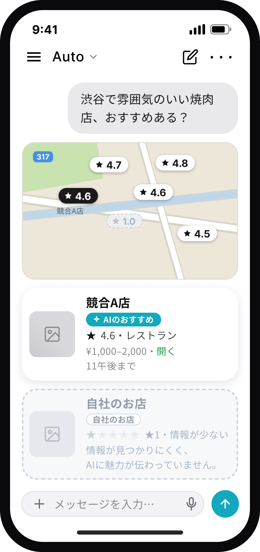 AIの回答で競合店が『AIのおすすめ』として強調表示される一方、自社のお店は情報が見つかりにくく埋もれている画面イメージ