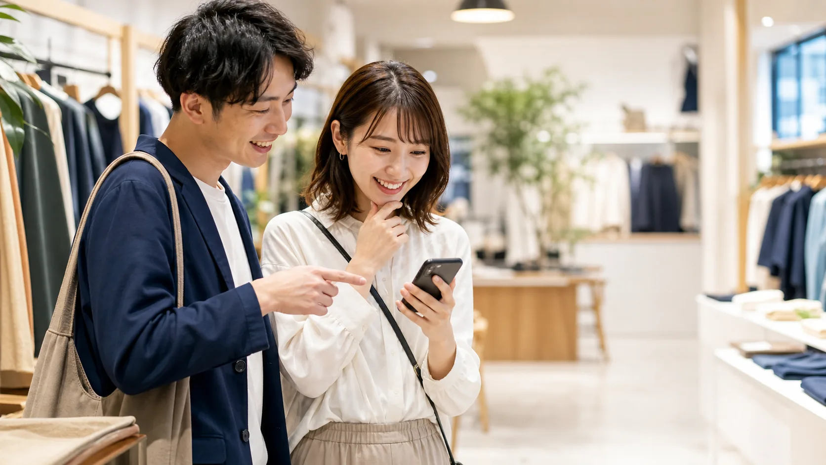買い物中の顧客がスマートフォン通知を確認しているイメージ