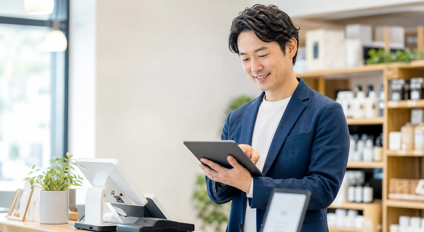 店舗スタッフがタブレットで販促データを確認しているイメージ